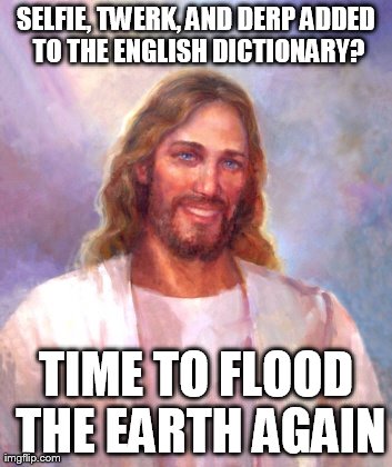 Smiling Jesus | SELFIE, TWERK, AND DERP ADDED TO THE ENGLISH DICTIONARY? TIME TO FLOOD THE EARTH AGAIN | image tagged in memes,smiling jesus | made w/ Imgflip meme maker