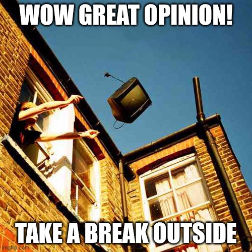 Great opinion! | wow great opinion! take a break outside | image tagged in throwing tv out window meme,fun | made w/ Imgflip meme maker