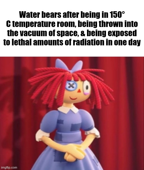 Ragatha Smile Meme | Water bears after being in 150° C temperature room, being thrown into the vacuum of space, & being exposed to lethal amounts of radiation in one day | image tagged in ragatha smile meme | made w/ Imgflip meme maker