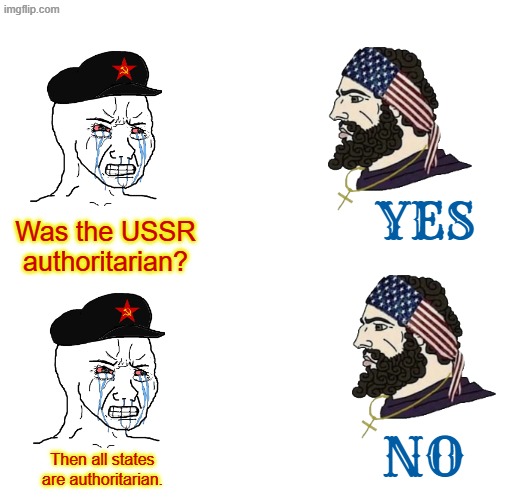 a reddit communist said it was a buzzword | yes; Was the USSR authoritarian? no; Then all states are authoritarian. | image tagged in communism,wojak,communist,reddit,america | made w/ Imgflip meme maker