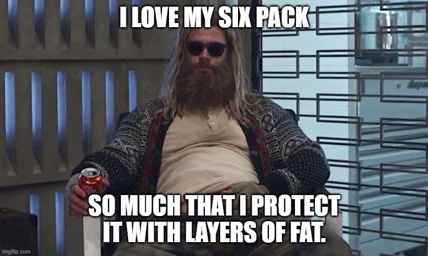 Daily Bad Dad Joke May 7, 2026 | I love my six pack; so much that i protect it with layers of fat. | image tagged in fat thor | made w/ Imgflip meme maker