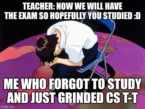 shinji crying | Teacher: Now we will have the exam so hopefully you studied :D; Me who forgot to study and just grinded cs T-T | image tagged in shinji crying | made w/ Imgflip meme maker