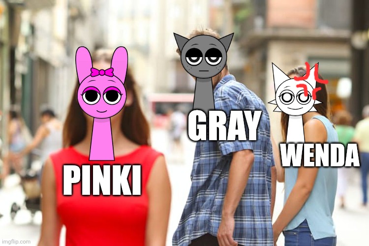 Distracted Gray | Gray; Wenda; Pinki | image tagged in memes,distracted boyfriend,sprunki | made w/ Imgflip meme maker