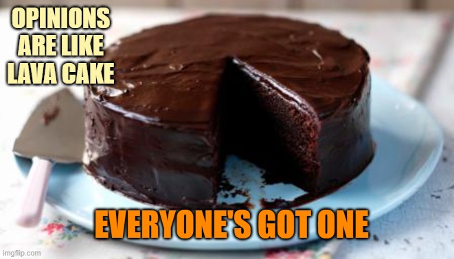 Chocolate cake | opinions
are like
lava cake; Everyone's got one | image tagged in chocolate cake | made w/ Imgflip meme maker