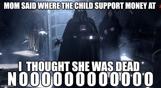 the down fall of Darth Vader | mom said where the child support money at; I  thought she was dead | image tagged in darth vader noooo | made w/ Imgflip meme maker
