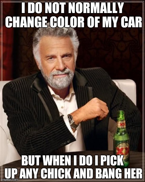 The Most Interesting Man In The World Meme | I DO NOT NORMALLY CHANGE COLOR OF MY CAR BUT WHEN I DO I PICK UP ANY CHICK AND BANG HER | image tagged in memes,the most interesting man in the world | made w/ Imgflip meme maker