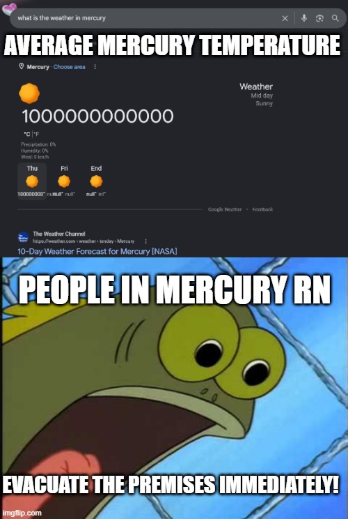 mercury weather be like | average mercury temperature; People in mercury rn; Evacuate the premises immediately! | image tagged in mercury weather,nasa | made w/ Imgflip meme maker