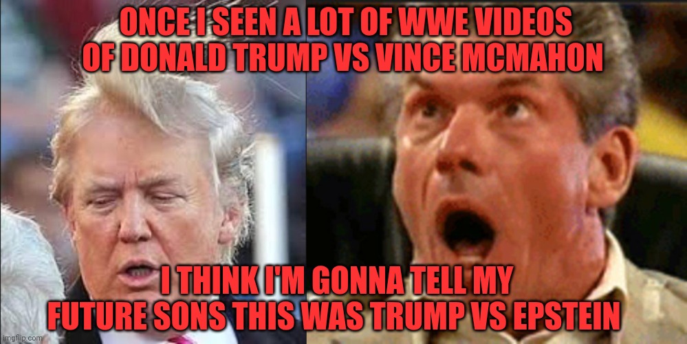 Well if I will have sons... Obviously | Once I seen a lot of WWE videos of Donald Trump vs Vince McMahon; I think i'm gonna tell my future sons this was trump vs Epstein | image tagged in trump hair,vince mcmahon likes big sweaty men | made w/ Imgflip meme maker