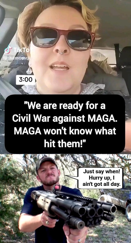 Just say when! Pinkos threaten Civil War | Just say when! Hurry up, I ain't got all day. | image tagged in img 55 jpeg,redneck with gun,liberal logic | made w/ Imgflip meme maker