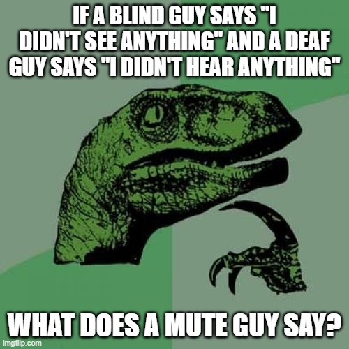 What Does He Say? | If a blind guy says "I didn't see anything" and a deaf guy says "I didn't hear anything"; What does a mute guy say? | image tagged in memes,philosoraptor | made w/ Imgflip meme maker