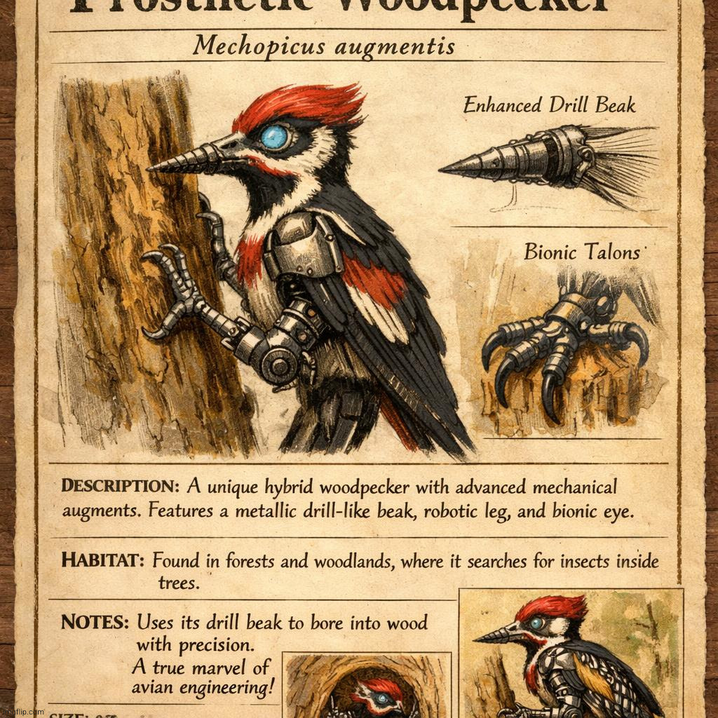 image tagged in an entry in a field guide for a bird called the prosthetic woodp | made w/ Imgflip meme maker
