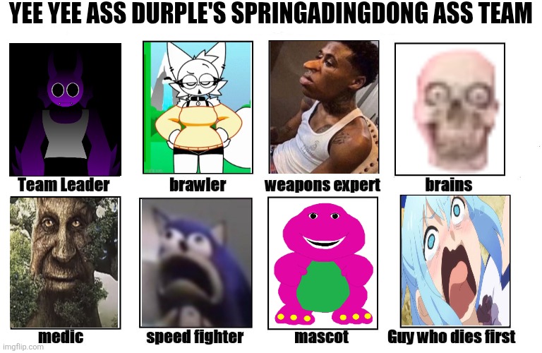Idk why did i make this crap | Yee yee ass durple's springadingdong ass team | image tagged in my zombie apocalypse team,goofy ahh,this is some serious gourmet shit,feces,quandale dingle | made w/ Imgflip meme maker