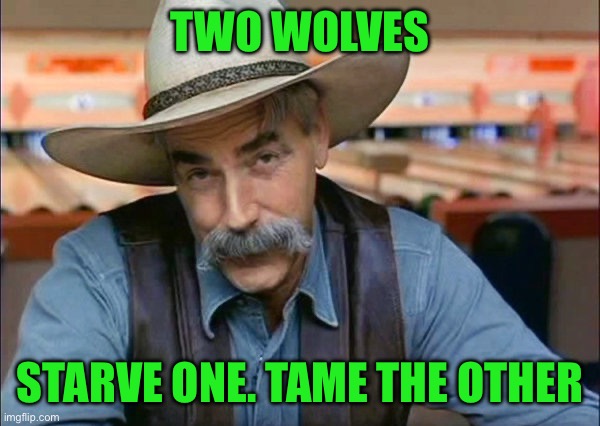Sam Elliott special kind of stupid | Two wolves; Starve one. Tame the other | image tagged in sam elliott special kind of stupid | made w/ Imgflip meme maker