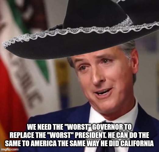 Wait.. What? | we need the "worst" governor to replace the "worst" president. He can do the same to America the same way he did california | image tagged in gavin newsom sombrero | made w/ Imgflip meme maker