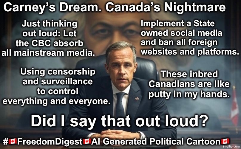 Left-wing Fantasy | Carney’s Dream. Canada’s Nightmare; Just thinking out loud: Let the CBC absorb all mainstream media. Implement a State owned social media and ban all foreign websites and platforms. Using censorship and surveillance to control everything and everyone. These inbred Canadians are like putty in my hands. Did I say that out loud? #🇨🇦FreedomDigest🇨🇦Al Generated Political Cartoon🇨🇦 | image tagged in canadian politics | made w/ Imgflip meme maker