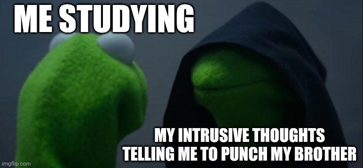 Evil Kermit Meme | Me studying; My intrusive thoughts telling me to punch my brother | image tagged in memes,evil kermit,remix | made w/ Imgflip meme maker
