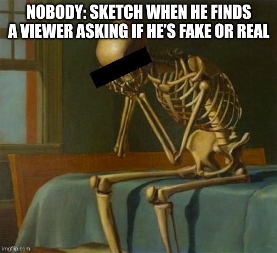 Sad skeleton | Nobody: sketch when he finds a viewer asking if he’s fake or real | image tagged in sad skeleton | made w/ Imgflip meme maker
