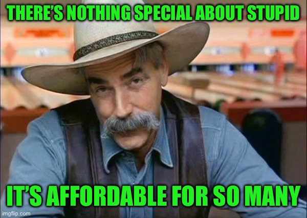 Sam Elliott special kind of stupid | There’s nothing special about stupid; It’s affordable for so many | image tagged in sam elliott special kind of stupid | made w/ Imgflip meme maker
