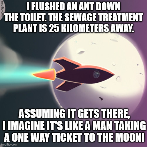 Ants Away | I flushed an ant down the toilet. the sewage treatment plant is 25 kilometers away. assuming it gets there, I imagine it's like a man taking a one way ticket to the moon! | image tagged in ants,moon,rocket,travel,dark humor | made w/ Imgflip meme maker