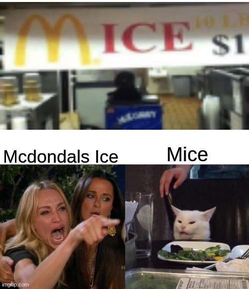design fail | Mcdondals Ice; Mice | image tagged in memes,woman yelling at cat,food,funny | made w/ Imgflip meme maker