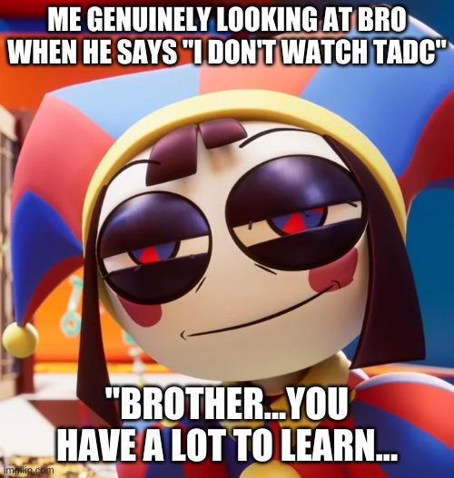 if this wasn't a man face ref I will march to gooseworx and [censored] yell why it should be | me genuinely looking at bro when he says "i don't watch tadc"; "brother...you have a lot to learn... | image tagged in much wow | made w/ Imgflip meme maker