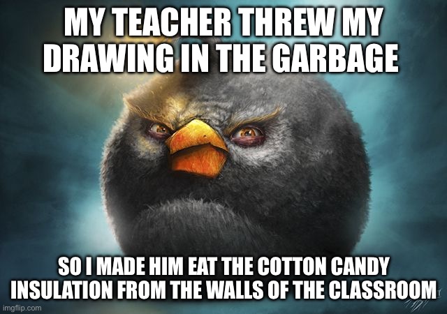 angry birds bomb | my teacher threw my drawing in the garbage; so i made him eat the cotton candy insulation from the walls of the classroom | image tagged in angry birds bomb | made w/ Imgflip meme maker