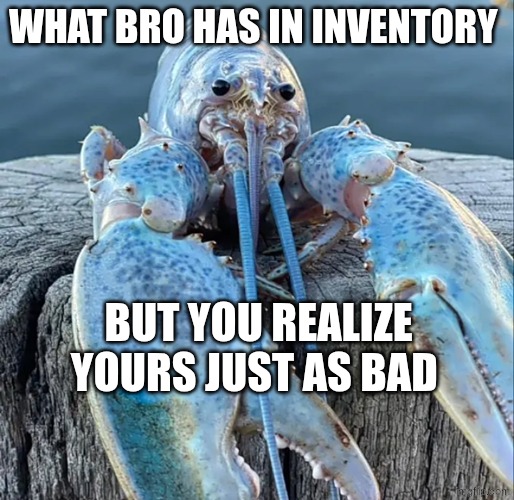 The Blue Lobster | what bro has in inventory; but you realize yours just as bad | image tagged in the blue lobster | made w/ Imgflip meme maker