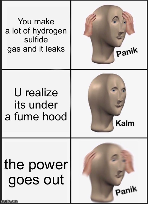 only chemists will laugh | You make a lot of hydrogen sulfide gas and it leaks; U realize its under a fume hood; the power goes out | image tagged in memes,panik kalm panik | made w/ Imgflip meme maker