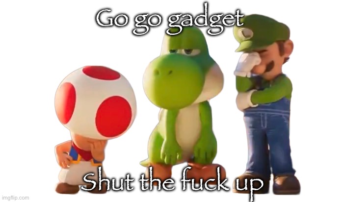 Toad Luigi and Yoshi reaction image | Go go gadget Shut the fuck up | image tagged in toad luigi and yoshi reaction image | made w/ Imgflip meme maker