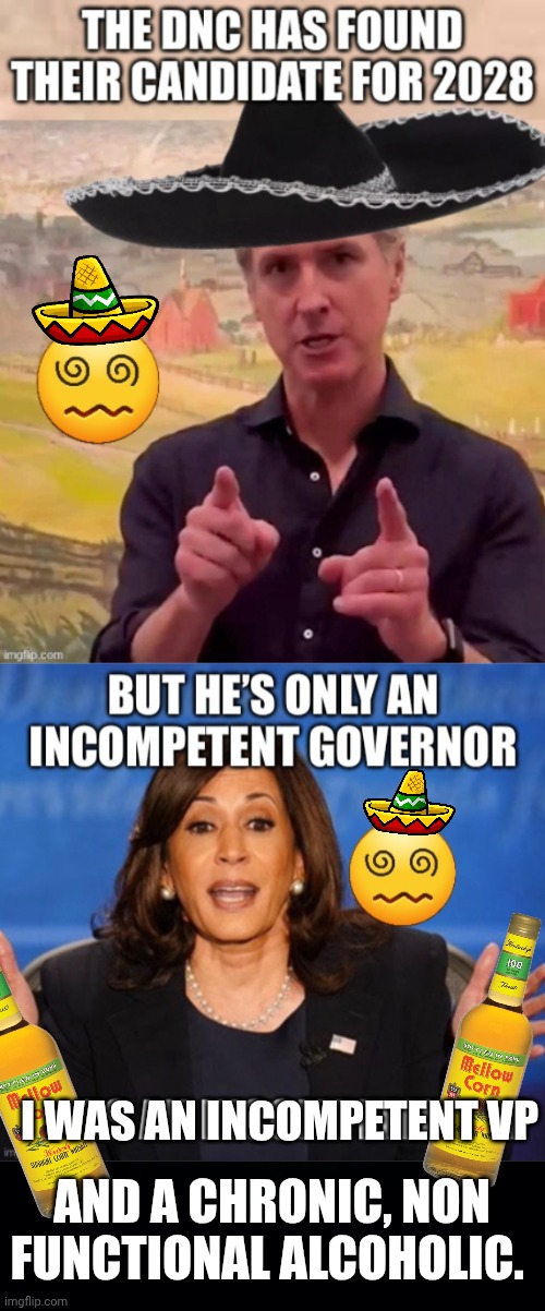 Greasy Gavin VS Happy Hour Harris | I was an incompetent VP; And a chronic, non functional alcoholic. | image tagged in ar2p6c jpg,black background,grease,gavin,happy hour,kamala harris | made w/ Imgflip meme maker