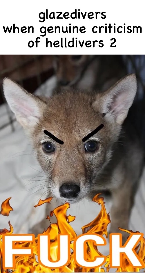 bruh | glazedivers when genuine criticism of helldivers 2 | image tagged in helldivers 2,glazedivers,fuck,fox | made w/ Imgflip meme maker