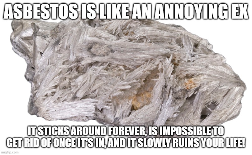 Imagine how many celebrities we'd lose if exes gave you asbestosis | asbestos is like an annoying ex; it sticks around forever, is impossible to get rid of once it's in, and it slowly ruins your life! | image tagged in asbestos,memes,funny,dark humor | made w/ Imgflip meme maker