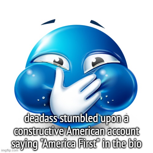 gee, I wonder if he puts a certain country before america | deadass stumbled upon a constructive American account saying "America First" in the bio | image tagged in blue emoji laughing | made w/ Imgflip meme maker