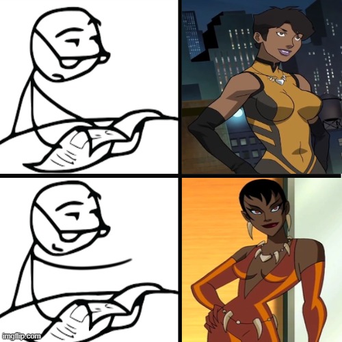 The Virgin CW Vixen vs The Stacy JLU Vixen | image tagged in newspaper guy,dc comics,vixen,super heroine,rage comics,drake meme | made w/ Imgflip meme maker