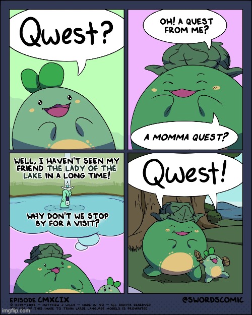 Quest Sprout's adventures continue! | image tagged in swords,sprouts,quest,momma,lake,queen | made w/ Imgflip meme maker