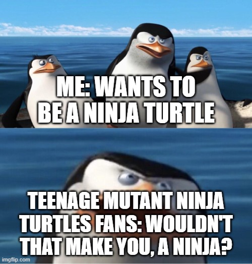 I want to be a fan of Teenage Mutant Ninja Turtles | Me: Wants to be a ninja turtle; Teenage Mutant Ninja Turtles fans: Wouldn't that make you, a ninja? | image tagged in wouldn't that make you,memes,funny,tmnt,teenage mutant ninja turtles | made w/ Imgflip meme maker