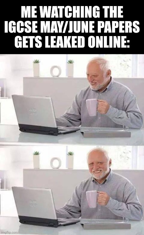 The papers are leaking like EVERYDAY BRO, JUST STOP | Me watching the IGCSE May/June papers gets leaked online: | image tagged in memes,hide the pain harold,funny,exams | made w/ Imgflip meme maker