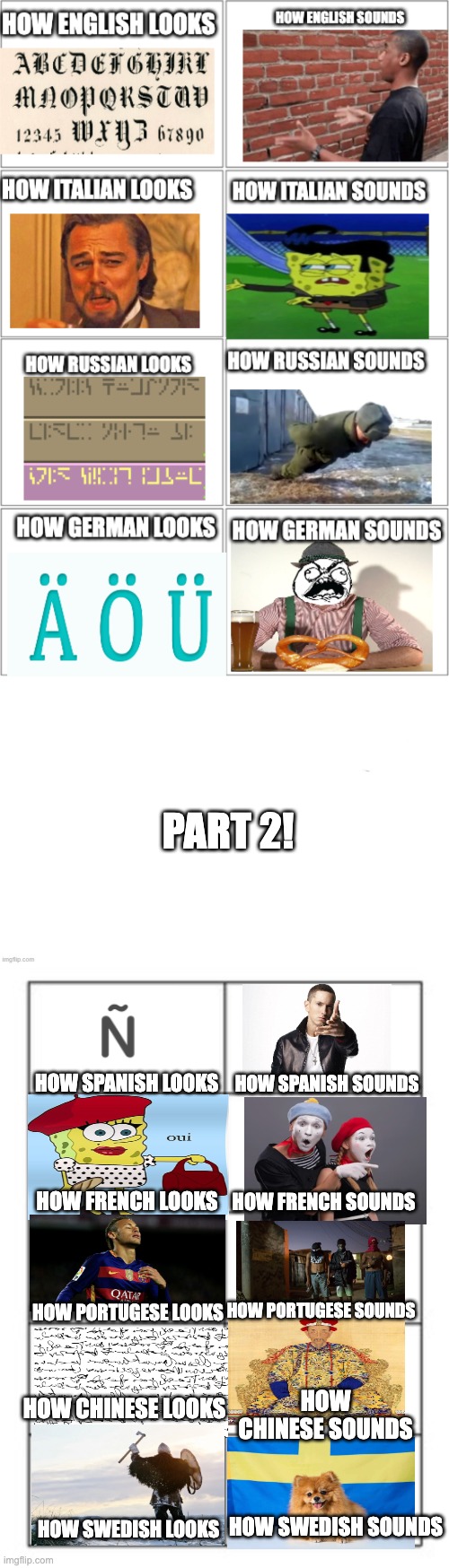 PART 2! How spanish sounds; how spanish looks; How french sounds; How french looks; How portugese sounds; How portugese looks; How chinese sounds; How chinese looks; How swedish looks; How swedish sounds | image tagged in blank screen part 2,2x5 graph,language,meme,why are you reading the tags | made w/ Imgflip meme maker