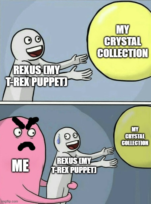Running Away Balloon Meme | My crystal collection; Rexus (my T-rex puppet); My crystal collection; Me; Rexus (my T-rex puppet) | image tagged in memes,running away balloon | made w/ Imgflip meme maker