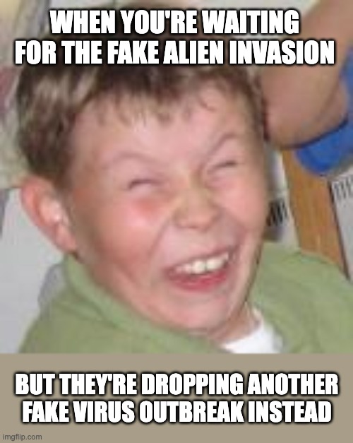 fake alien vs fake virus | when you're waiting for the fake alien invasion; but they're dropping another fake virus outbreak instead | image tagged in duh kid,alien invasion,hanta virus | made w/ Imgflip meme maker