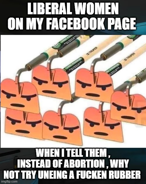 videoframe_130159.png | liberal women on my facebook page; when i tell them , instead of abortion , why not try uneing a fucken rubber | image tagged in videoframe_130159 png | made w/ Imgflip meme maker