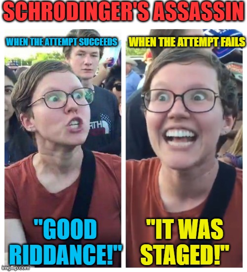 Social Justice Warrior Hypocrisy | When the attempt succeeds "good riddance!" When the attempt fails "it was staged!" schrodinger's assassin | image tagged in social justice warrior hypocrisy | made w/ Imgflip meme maker