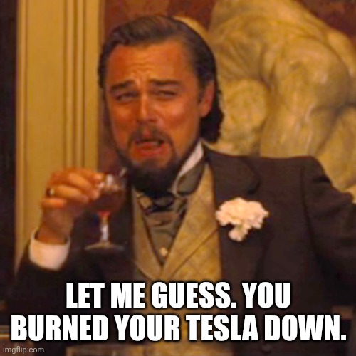 Laughing Leo Meme | Let me guess. You burned your tesla down. | image tagged in memes,laughing leo | made w/ Imgflip meme maker