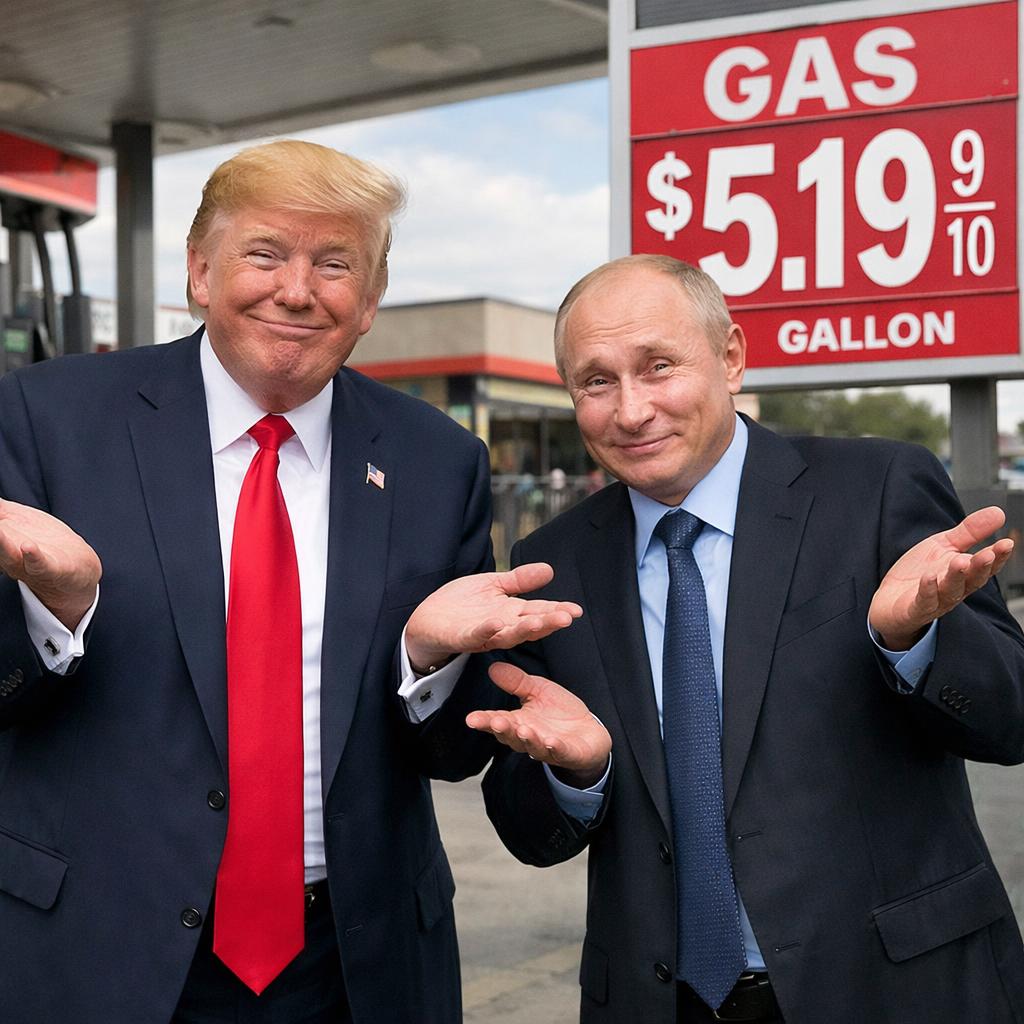 Trump and Putin smiling and shrugging their shoulders. They are Blank Meme Template