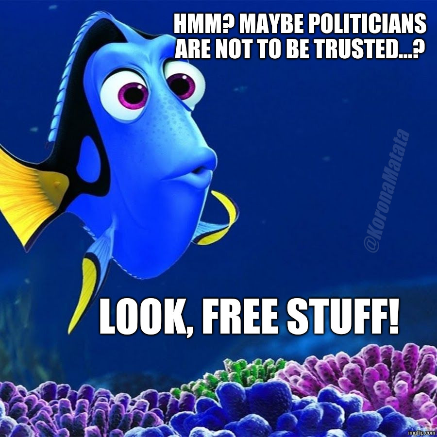 doris nemo | Hmm? Maybe Politicians are not to be trusted...? @KoronaMatata; Look, free stuff! | image tagged in doris nemo | made w/ Imgflip meme maker