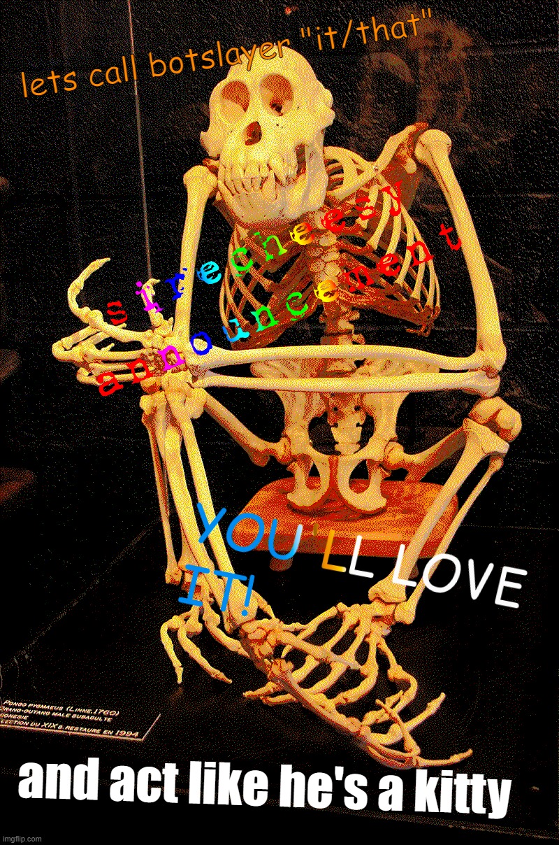 sirecheesy announcement temp | lets call botslayer "it/that"; and act like he's a kitty | image tagged in sirecheesy announcement temp | made w/ Imgflip meme maker