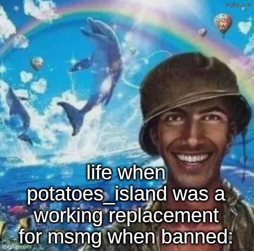 s | life when potatoes_island was a working replacement for msmg when banned: | image tagged in thousand mile smile | made w/ Imgflip meme maker