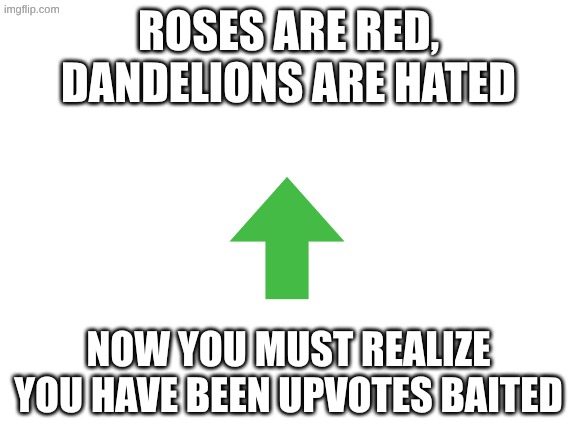mwahahaha | roses are red, dandelions are hated; now you must realize you have been upvotes baited | image tagged in blank white template | made w/ Imgflip meme maker