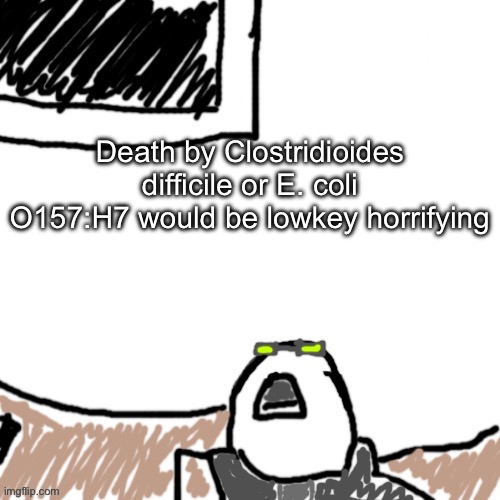 The Aggressive Combatant | Death by Clostridioides difficile or E. coli O157:H7 would be lowkey horrifying | image tagged in the aggressive combatant | made w/ Imgflip meme maker