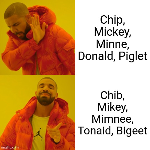Drake Hotline Bling Meme | Chip, Mickey, Minne, Donald, Piglet Chib, Mikey, Mimnee, Tonaid, Bigeet | image tagged in memes,drake hotline bling | made w/ Imgflip meme maker